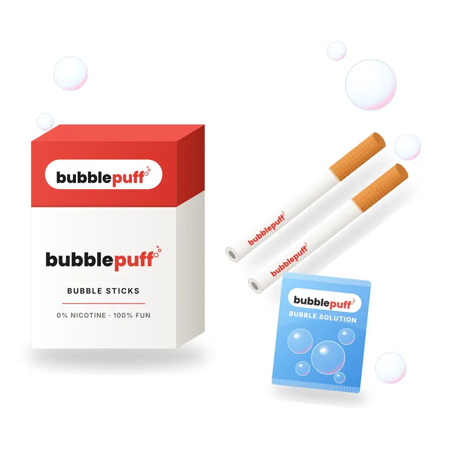BubblePuff pack with two bubble sticks and bubble solution